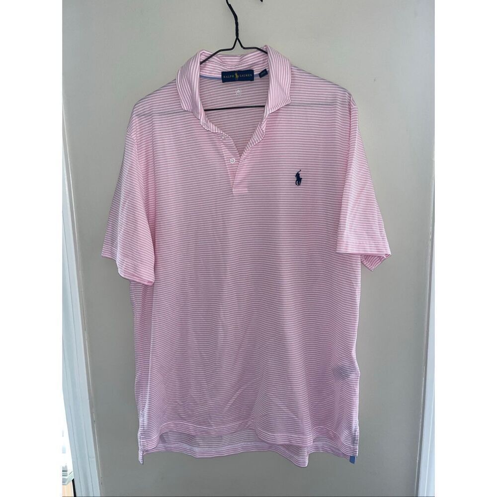 Ralph Lauren Men’s Wicking Polo Pink White Stripe Large